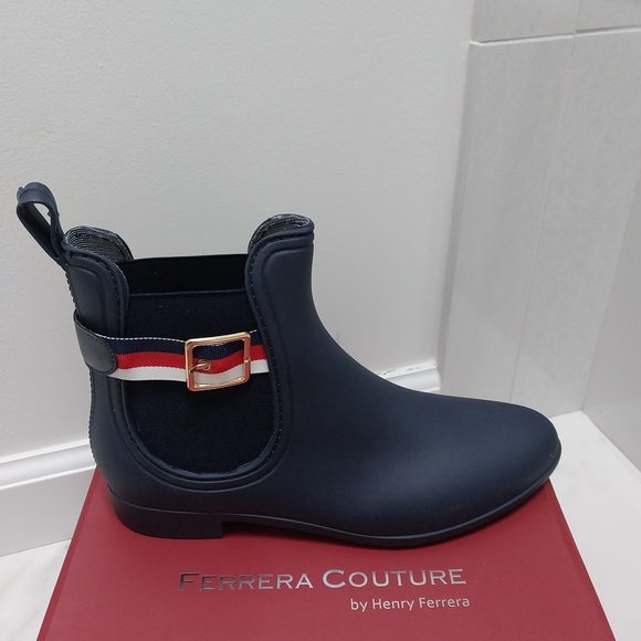 Shoes - Ferrera Couture Navy Chelsea Rain Boot with Red & White Stripe - Size 10